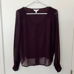 Sheer maroon long sleeve blouse with smocked bottom of sleeve detail
